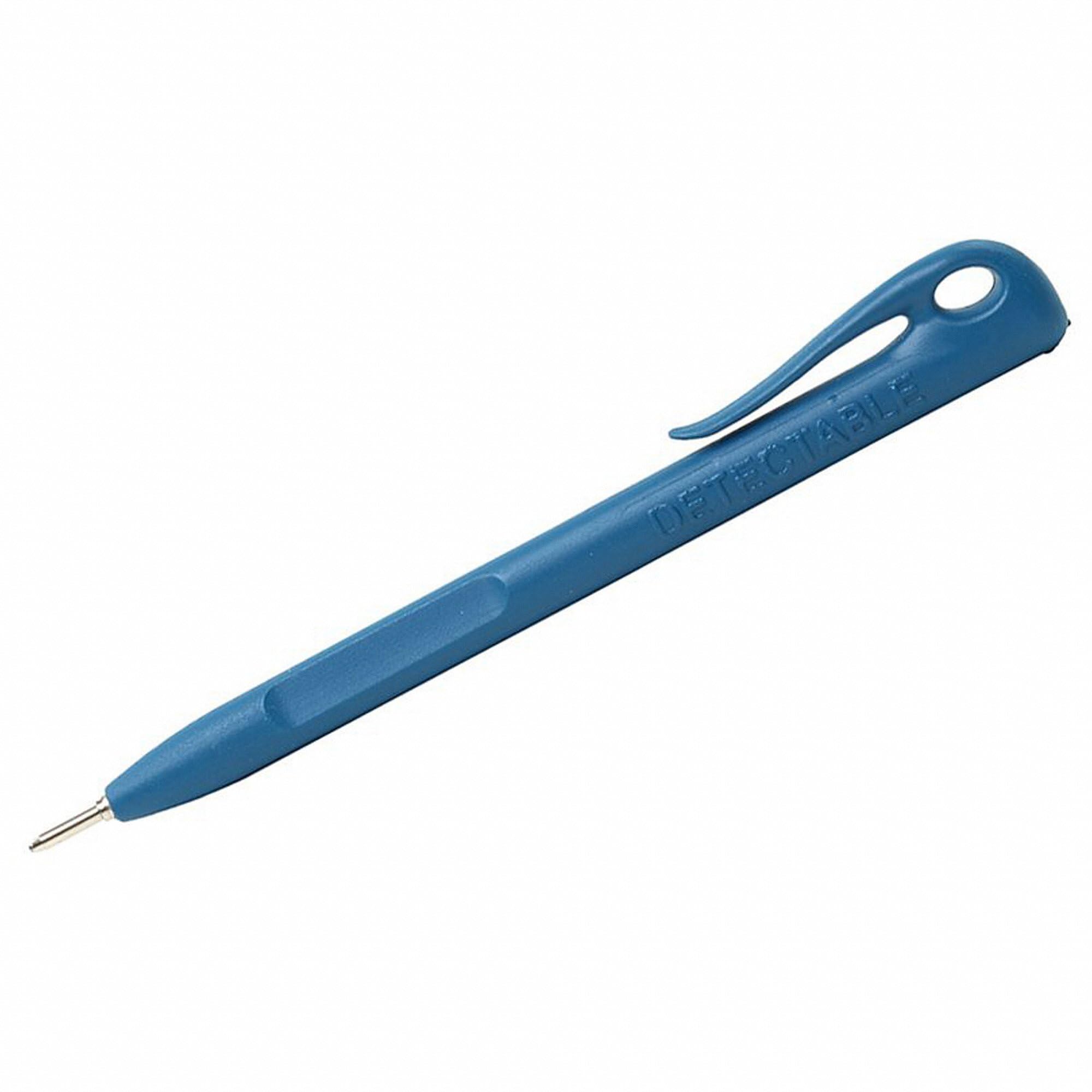 Metal Detectable One Piece Stick Pens - All Blue Pen, Standard Blue Ink, With Pocket Clip and Lanyard Attachment, 100 pens