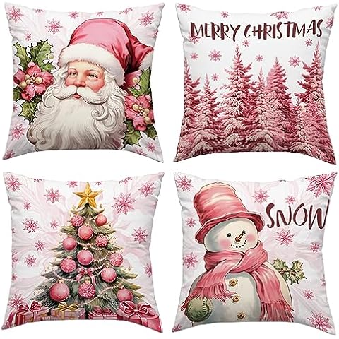 F Finerease Decorative Throw Pillow Cover Pink Christmas - 18 x 18 Inch Santa Snowman Christmas Tree Cushion Cases - Set of 4 Xmas Winter Holiday Pillowslip, Great for Sofa,Patio,Bedroom Decor Cover