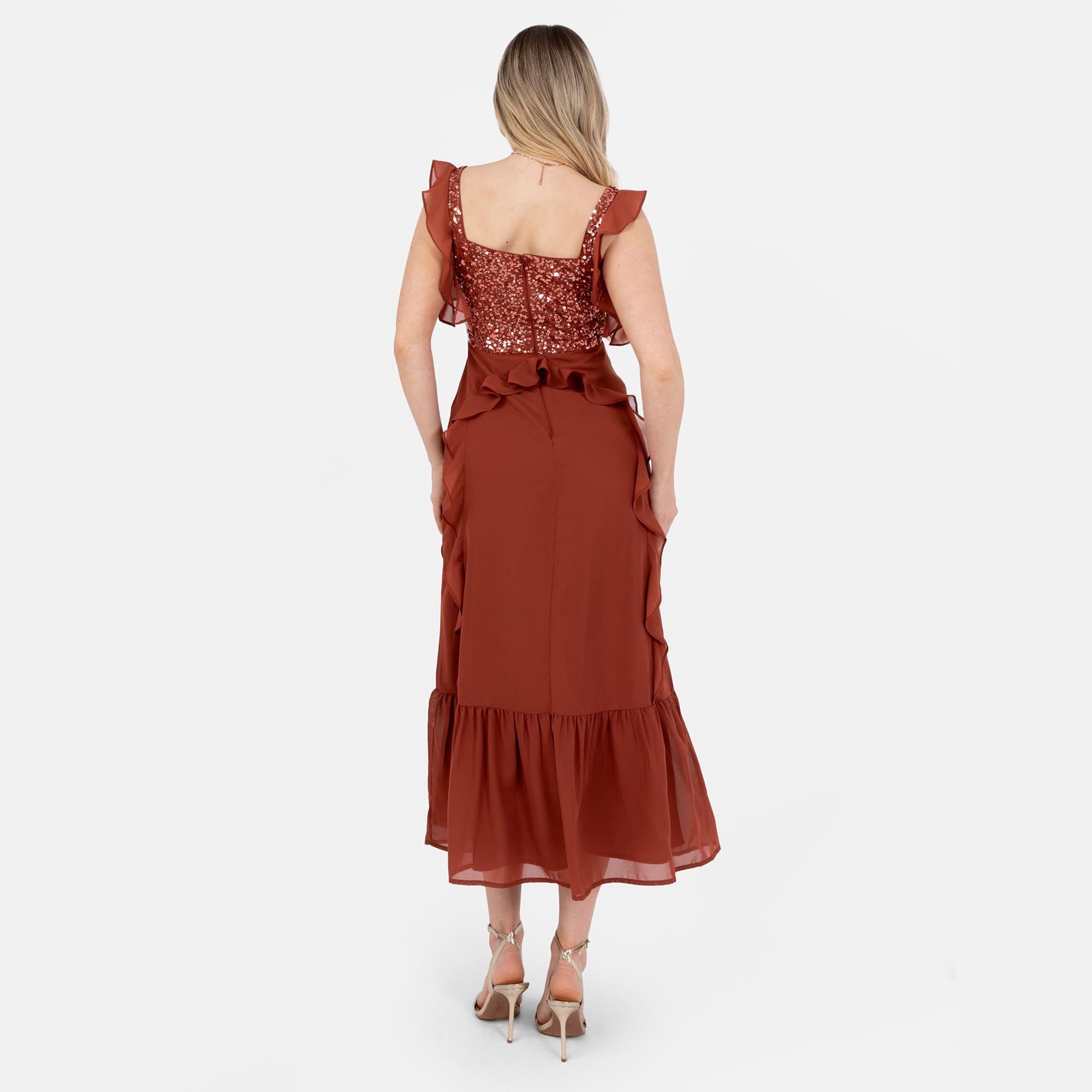 Maya Deluxe Vestido Midaxi para Mujer, sin Mangas, Cuello Cuadrado, Lentejuelas, Adornado, Volantes, Acampanado, Dobladillo Escalonado, Vestido de Baile de graduación