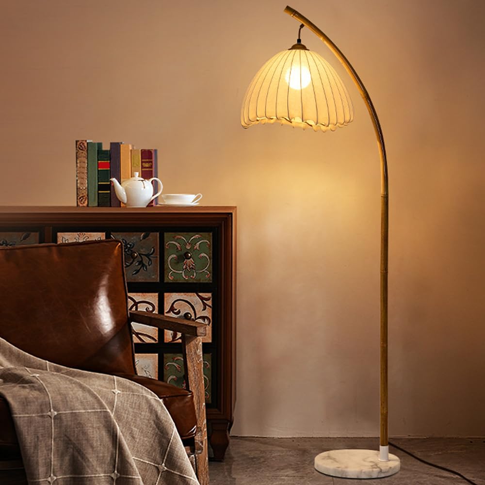 HGJHJJHK Mid Century 63" Linen Floor Lamp Marble Base Floor Light Arc Bamboo Iron Standing Lamp with E26 Dimmable Fabric Tall Light for Living Room Study Bedroom Corridor