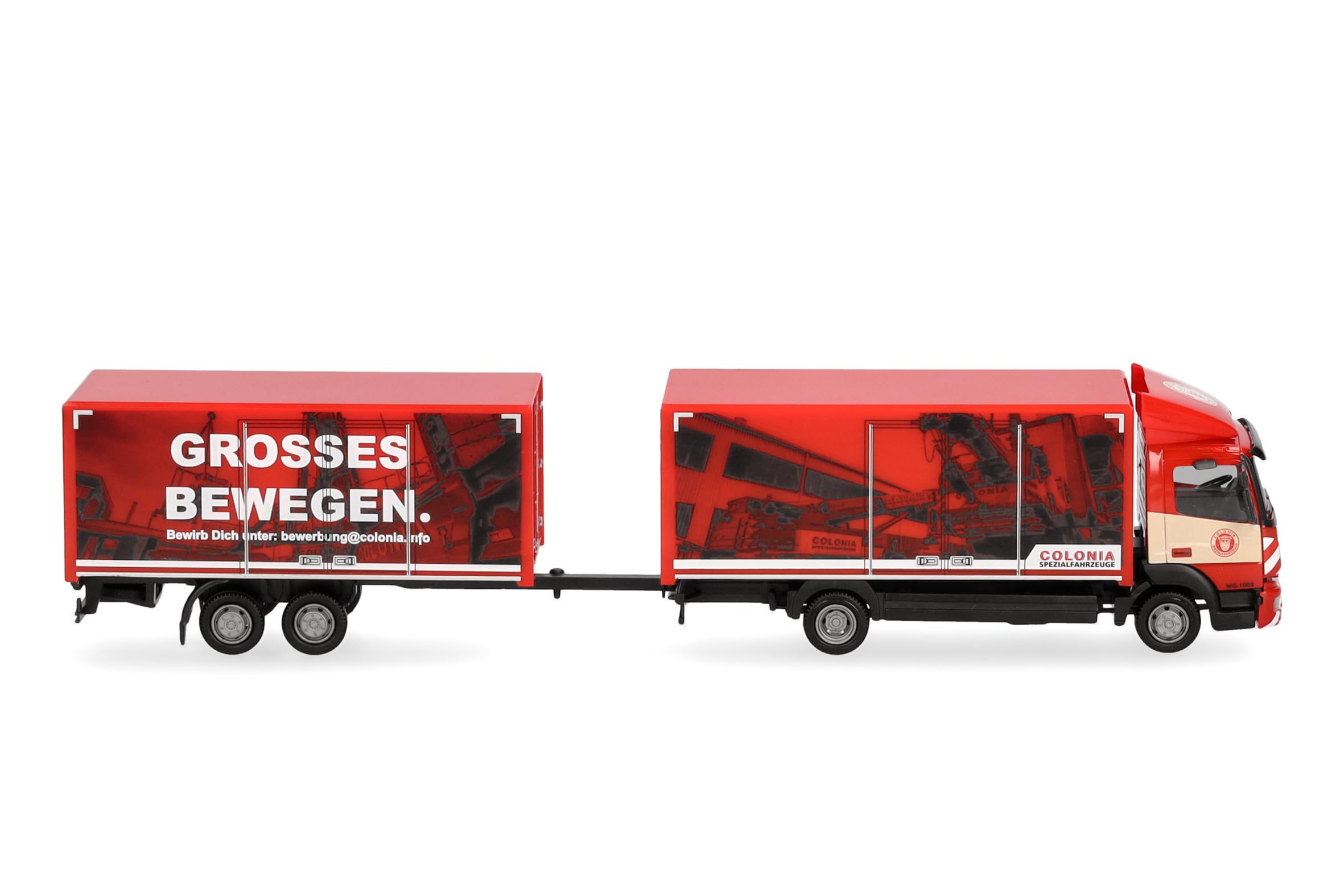 Herpa model ciężarówki Mercedes-Benz Atego 13 zestaw skrzyniowy "Colonia", miniatura w skali 1:87, model kolekcjonerski, wyprodukowano w Niemczech, tworzywo sztuczne