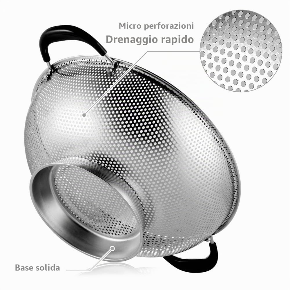 Scolapasta in acciaio inox 18/8, facile da impugnare, microforato, da 5 litri, con manici rivettati e resistenti al calore, senza bisfenolo A, ideale per pasta, noodles, verdure e frutta