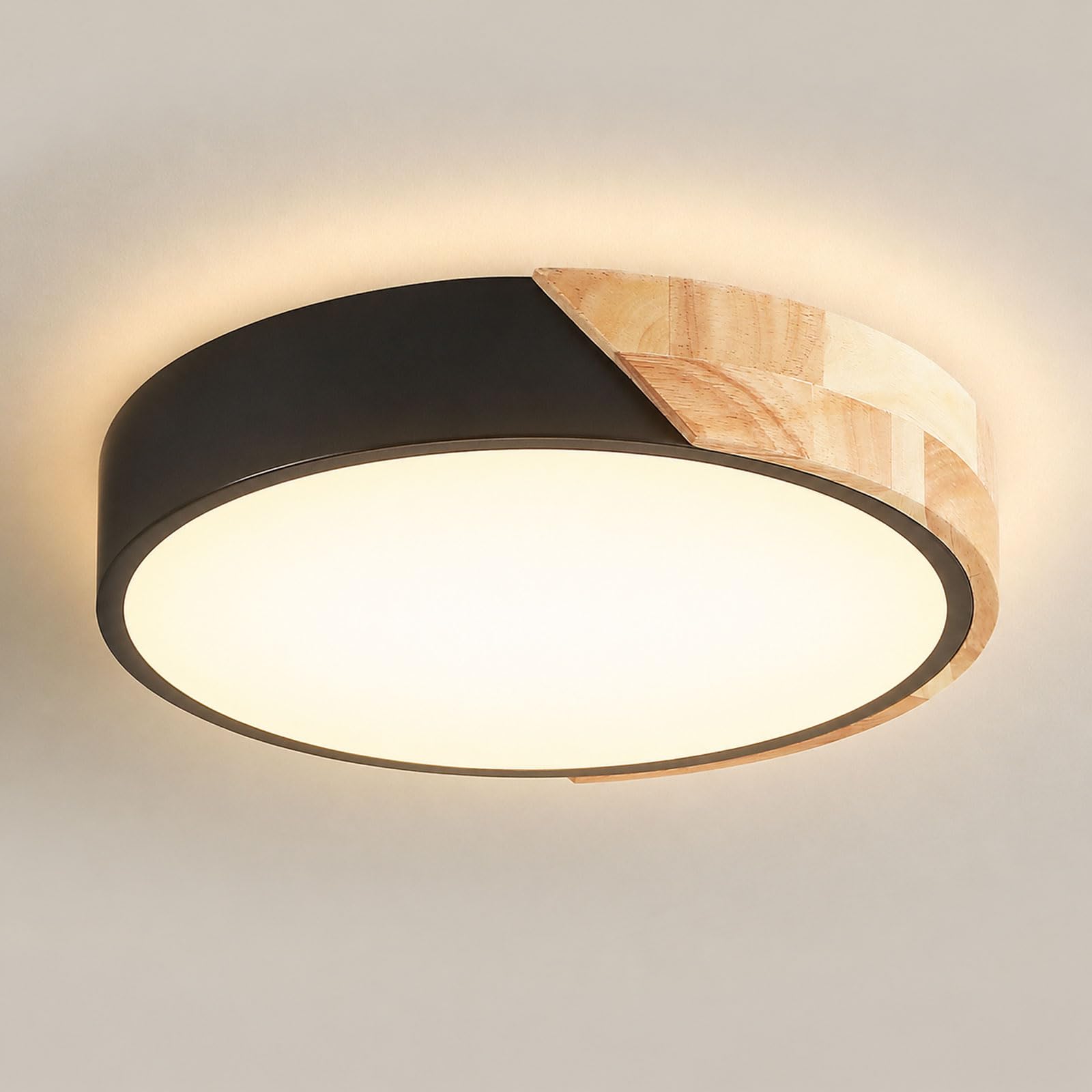 Kinberry 25W LED Ceiling Light, Modern Round Wooden Ceiling Lamp, Warm White 3000K, for Living Room, Bedroom, Kitchen and Hallway (Black)