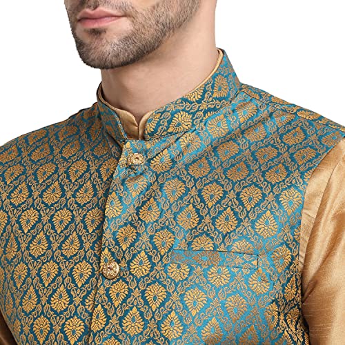 Image of KRAFT INDIA Mens Gold Silk Blend Kurta and Churidar Set With Jacquard Paisley Nehru Jacket