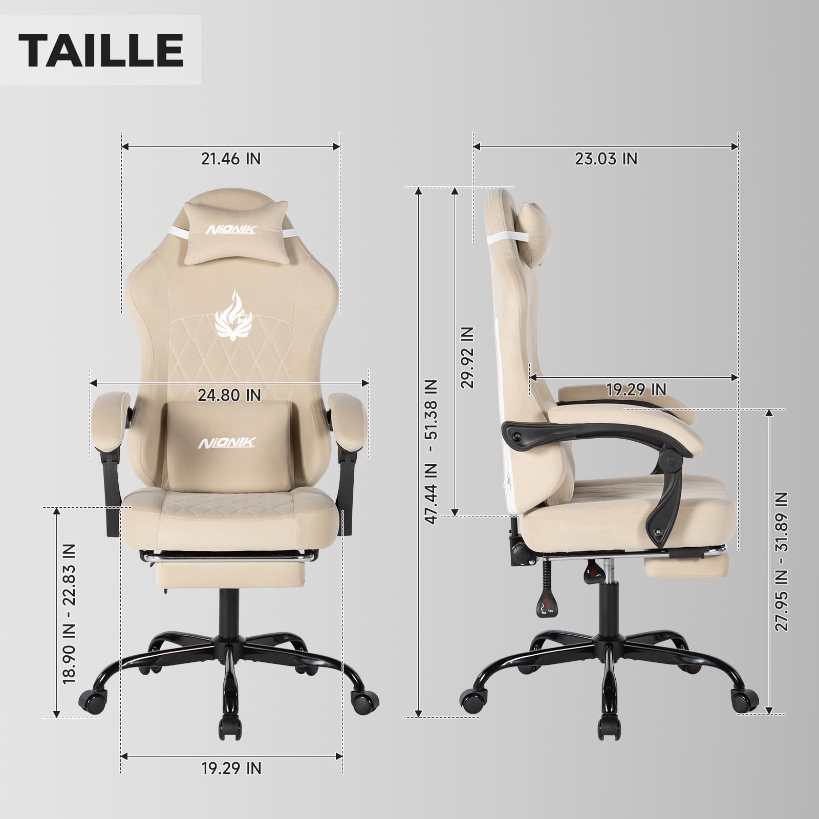 Fauteuil de Jeu, Fauteuil d'ordinateur, Ergonomique, avec Repose-Pieds, Appui-tête réglable, Soutien Lombaire avec Fonction Massage, Rembourrage Moelleux, capacité de Charge de 150kg Beige