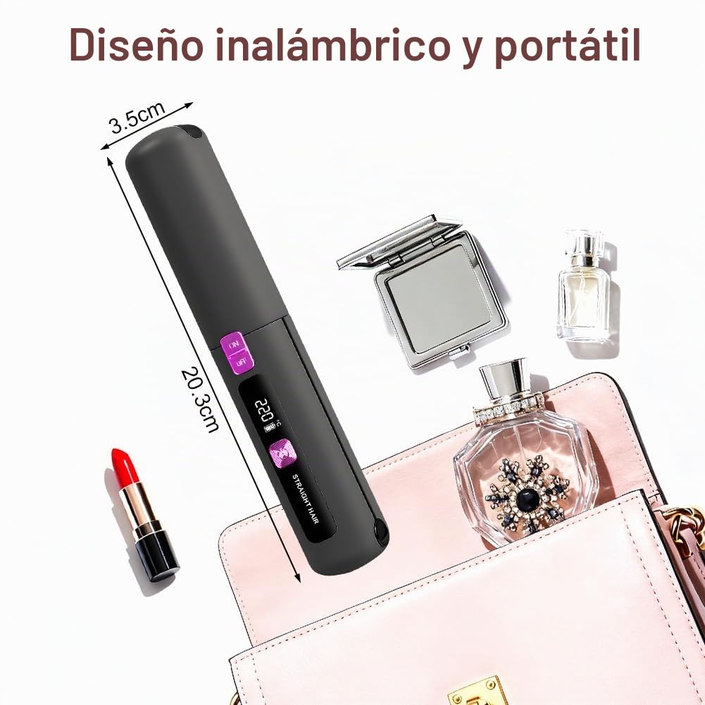 Plancha de Pelo Inalámbrica, 160-220°C Plancha Pelo Viaje 2 en 1, Portátil Mini Rizador Pelo, Iones Negativos Anti-estática Reducir el Daño Capilar,Calentamiento Rápido,6 Niveles,Pantalla LCD C
