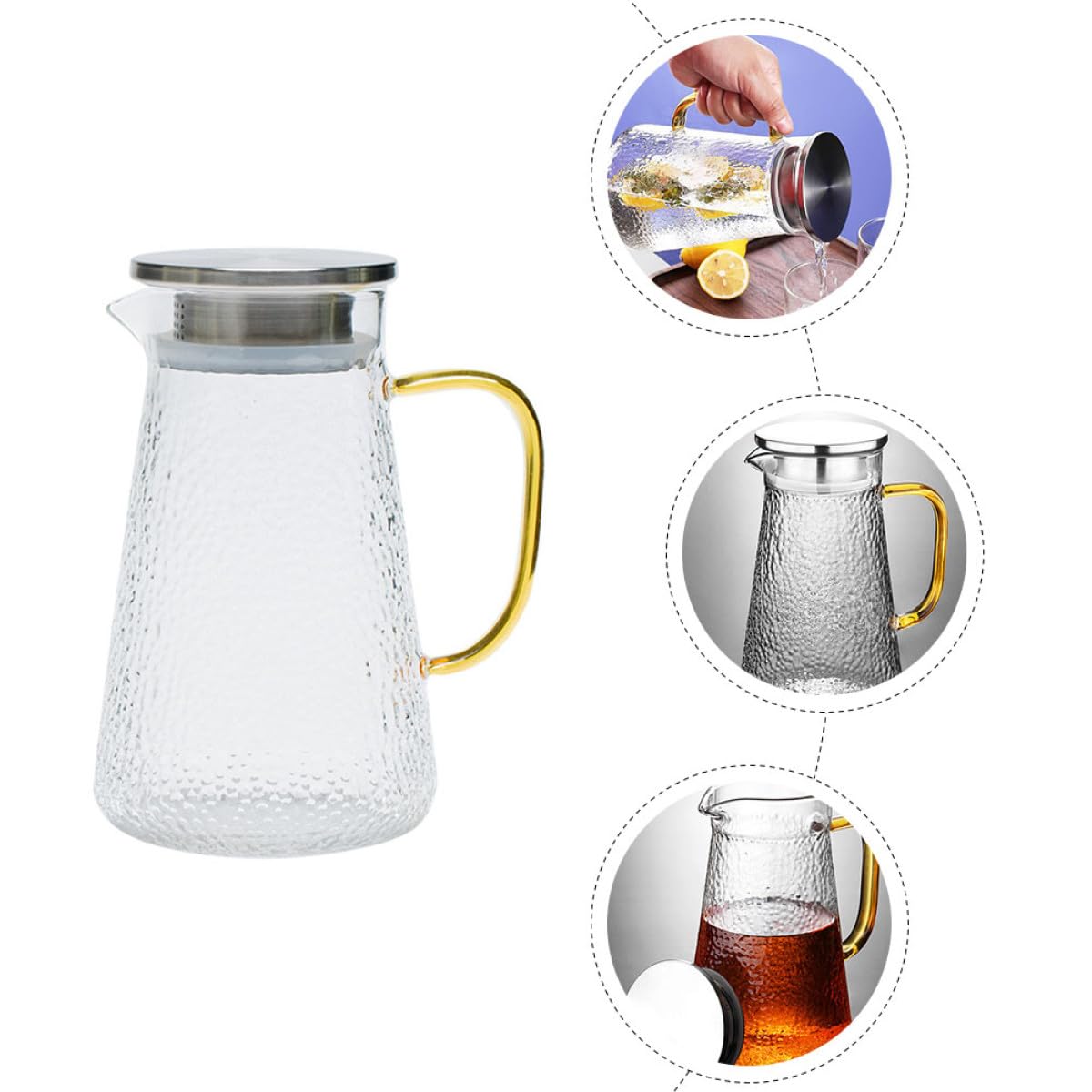 Jarra de Agua Delicada de Vidrio de 1300ml Tapa de Acero Inoxidable, Fácil de Limpiar y Almacenar para Fiestas y Uso Doméstico