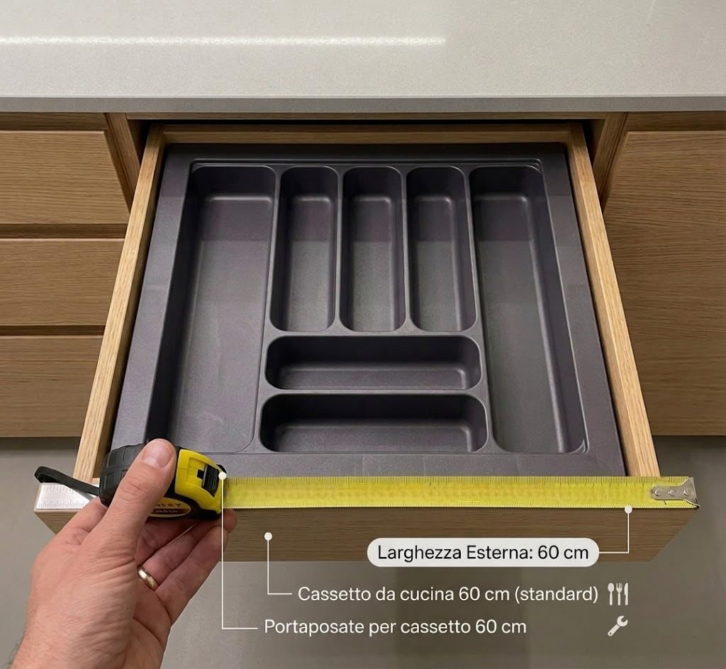 Portaposate per Cassetto Cucina 60 cm - Organizzatore Posate 536x482 mm - Plastica Grigio Antracite Robusta - 7 Scomparti