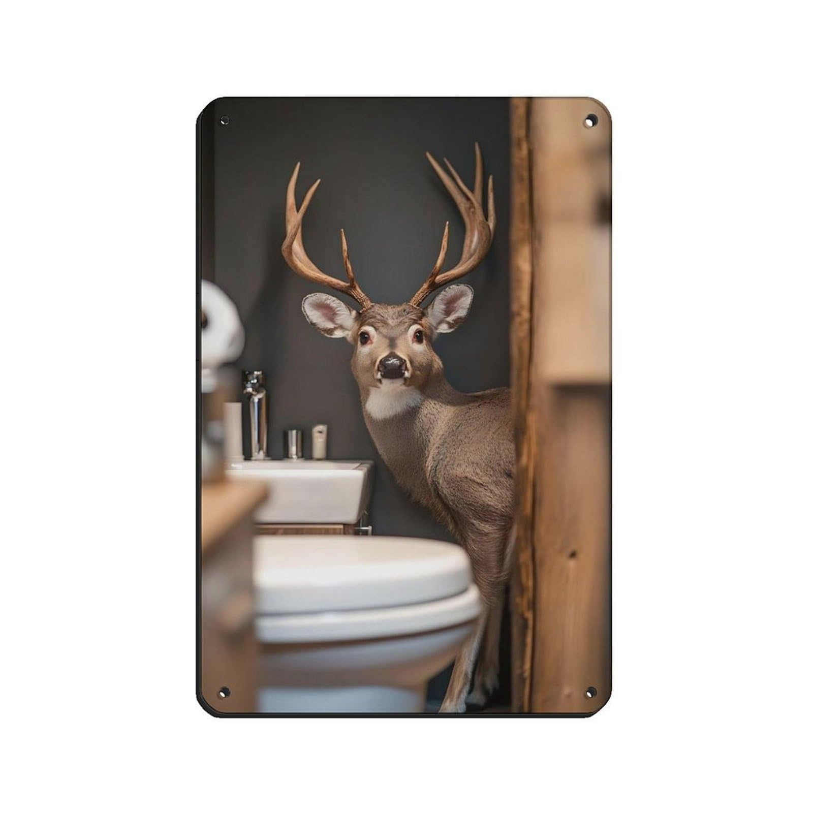 Deer in Bathroom, Funny Deer Retro Poster Metal Tin Sign Chic Art Retro Iron Painting Bar People Cave Cafe Family Garage Poster Wall Decoration 8x12inch(20x30cm)
