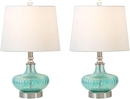 Miniatura 2 de Juego de 2 lámparas de mesa de cristal de 19 pulgadas, modernas lámparas de noche de color aguamarina costera con pantalla de tela blanca para sala