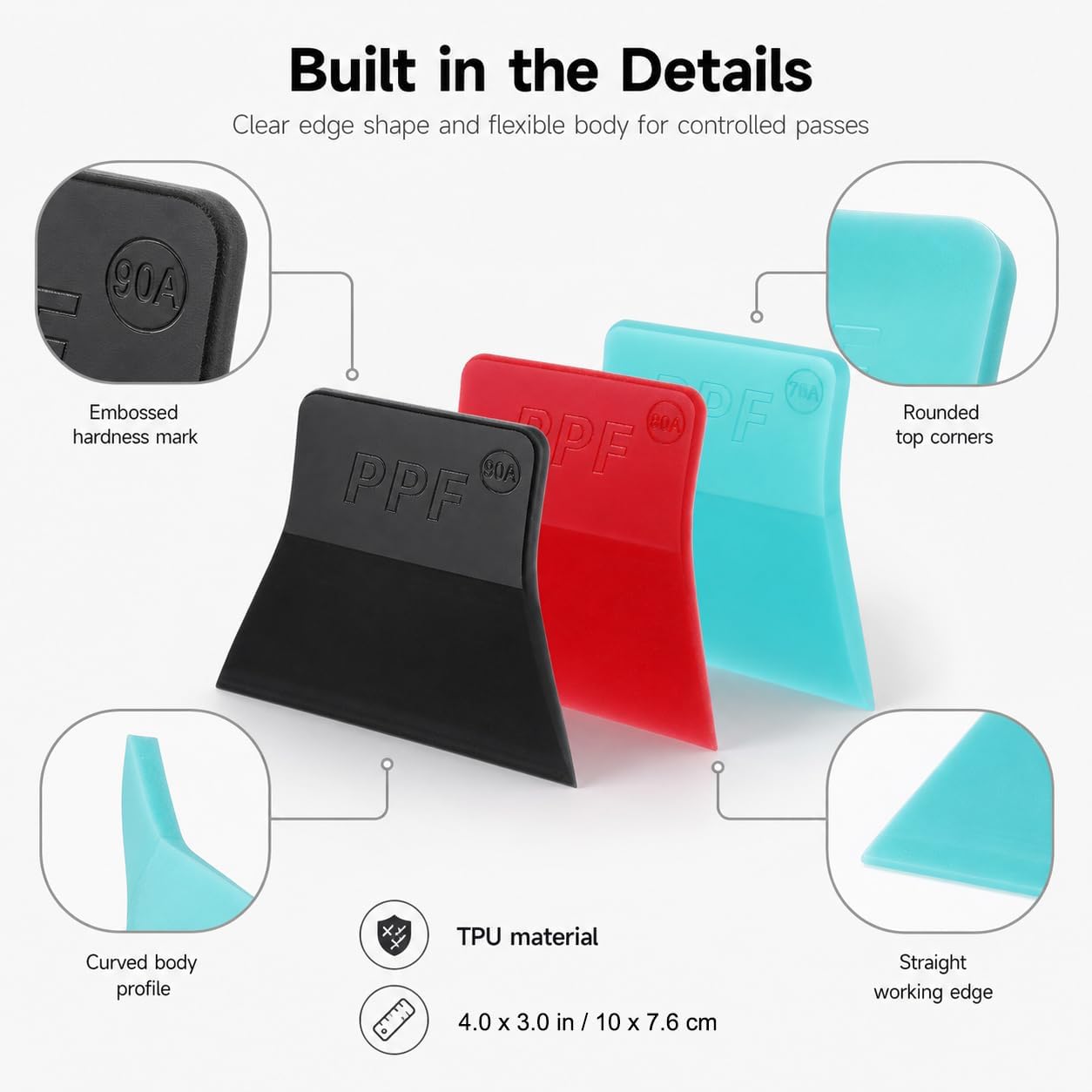 QWORK 3 in 1 PPF Squeegee Vinyl Wrap Tool Set, Different Hardness Rubber Scrapers Soft TPU Mini Squeegee for Car Paint Protection Film, Window Tint & Vinyl Wrap Installation Tools