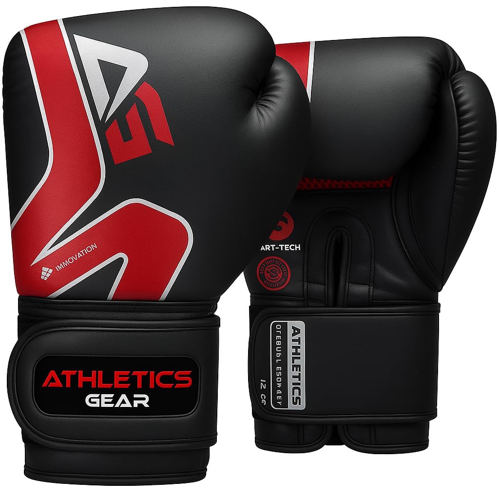 Boxing Gloves by Athletics Gear – 6oz to 16oz Maya Hide Leather Perfect Design and Fit with Fasten Closure System for MMA sparring, fighting, kickboxing, and punching (Black-Red, 14 OZ) — image 1