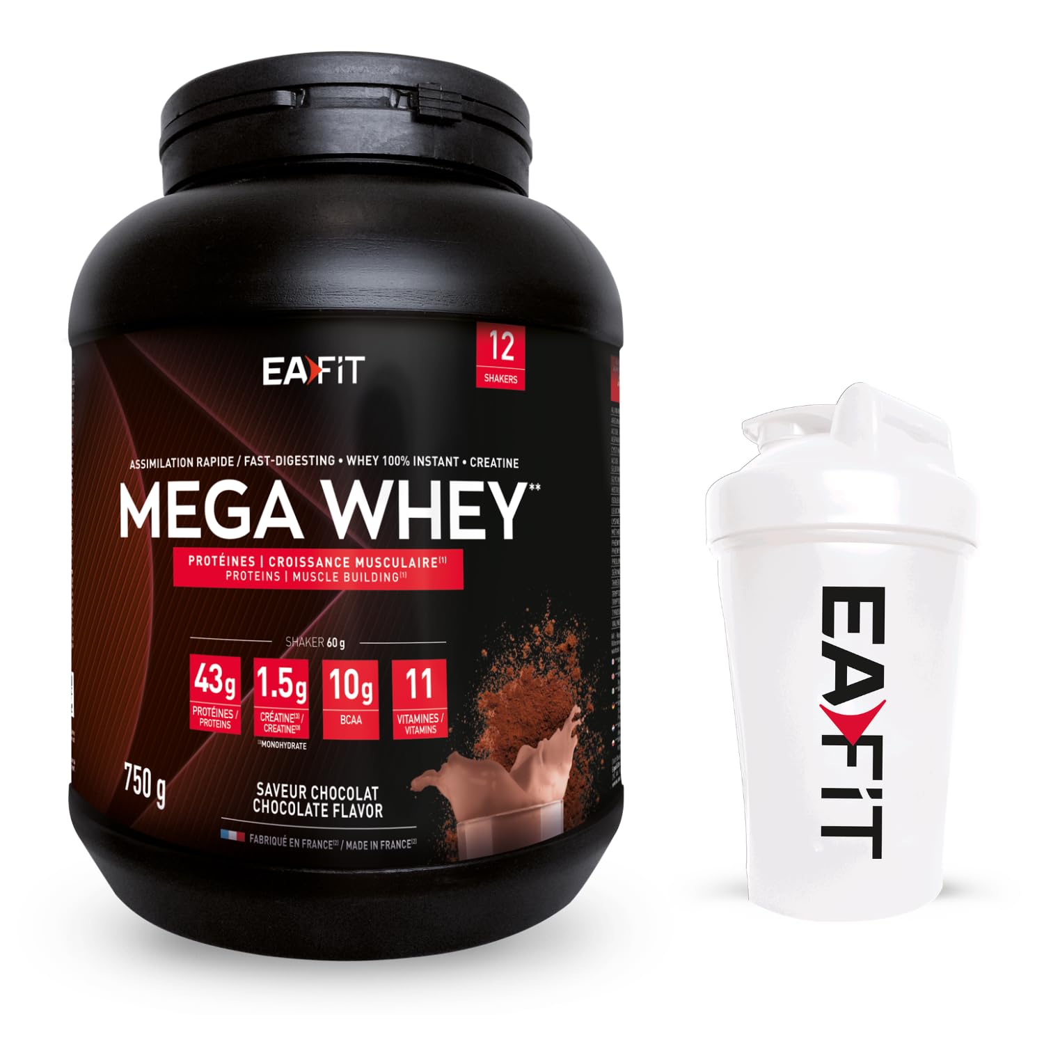 Mega whey chocolat 750g + shaker blanc avec mélangeur en acier - EAFIT marque française