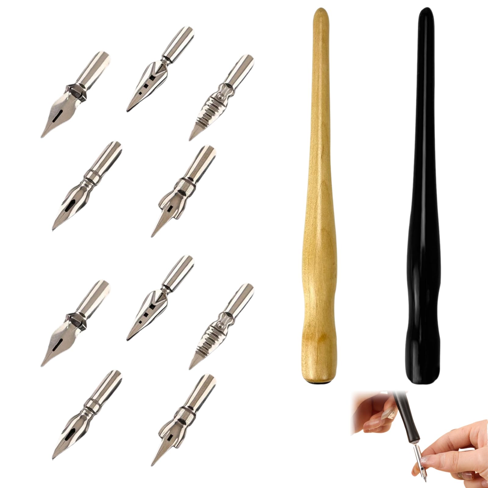 kit Calligraphie Plume avec 2 Porte-stylos Dip et 10 Plumes en Acier Inoxydable, Set écriture Artistique pour Dessin Manga Calligraphie débutant et Artiste confirmé, poignée Bois Ergonomique