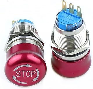 FUERLI 1 Uds., patrón de Parada de 19mm, Interruptor de botón de Parada de Emergencia de Metal de Acero Inoxidable Redondo Plano, Bloqueo de Empuje, reinicio de Giro, Color Rojo, 3 Pines
