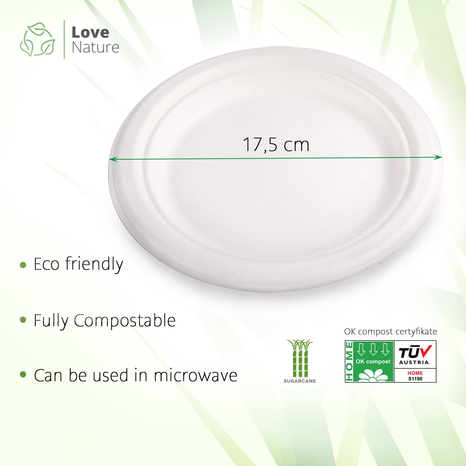 Love Nature Ekologiczny zestaw jednorazowych talerzy 17,5 cm 50 szt - Naczynia jednorazowe z miąższu trzciny cukrowej - Talerze jednorazowe, biodegradowalne - Jednorazowe talerze imprezowe