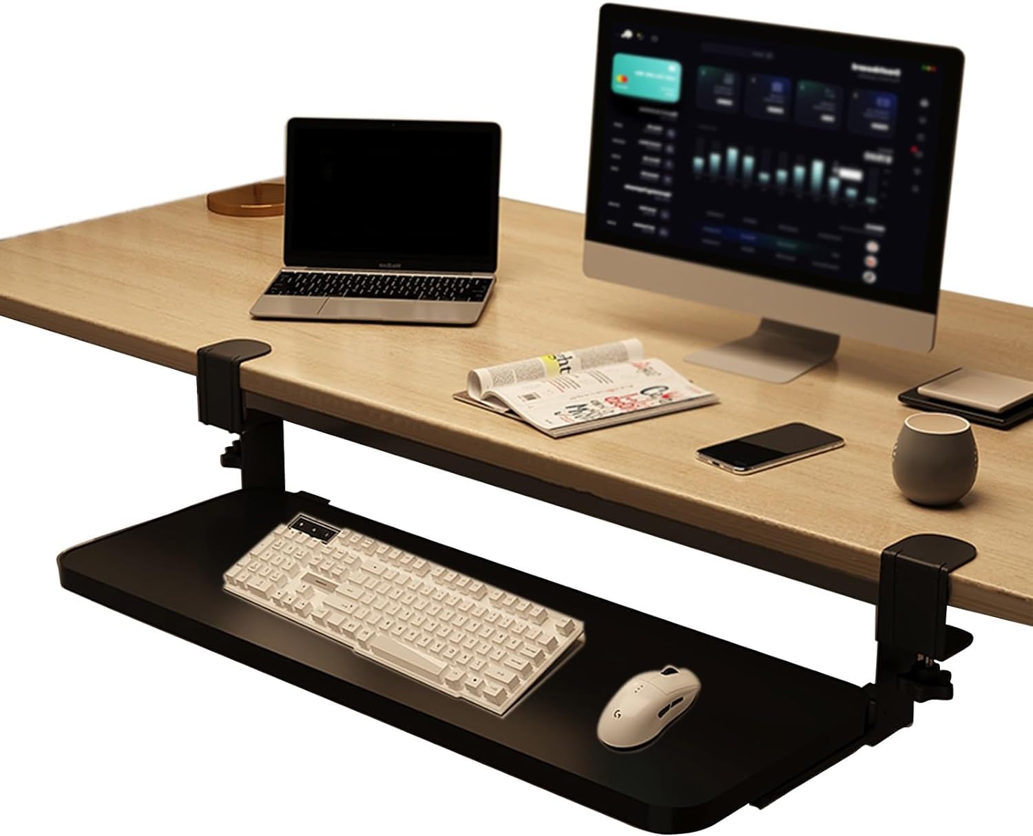 CVJdfhRE desk extender， Clamp-On Desk Extension, Pull-out Keyboard Mouses Storage Drawers Holder, Support Arm, Relieve Fatigue(Black,52 * 24cm(20.5 * 9.5in))