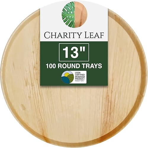 Charity Leaf Bandejas planas redondas desechables de hoja de palma de 13 pulgadas (100 piezas) platos de servir como bambú, tablas desechables,