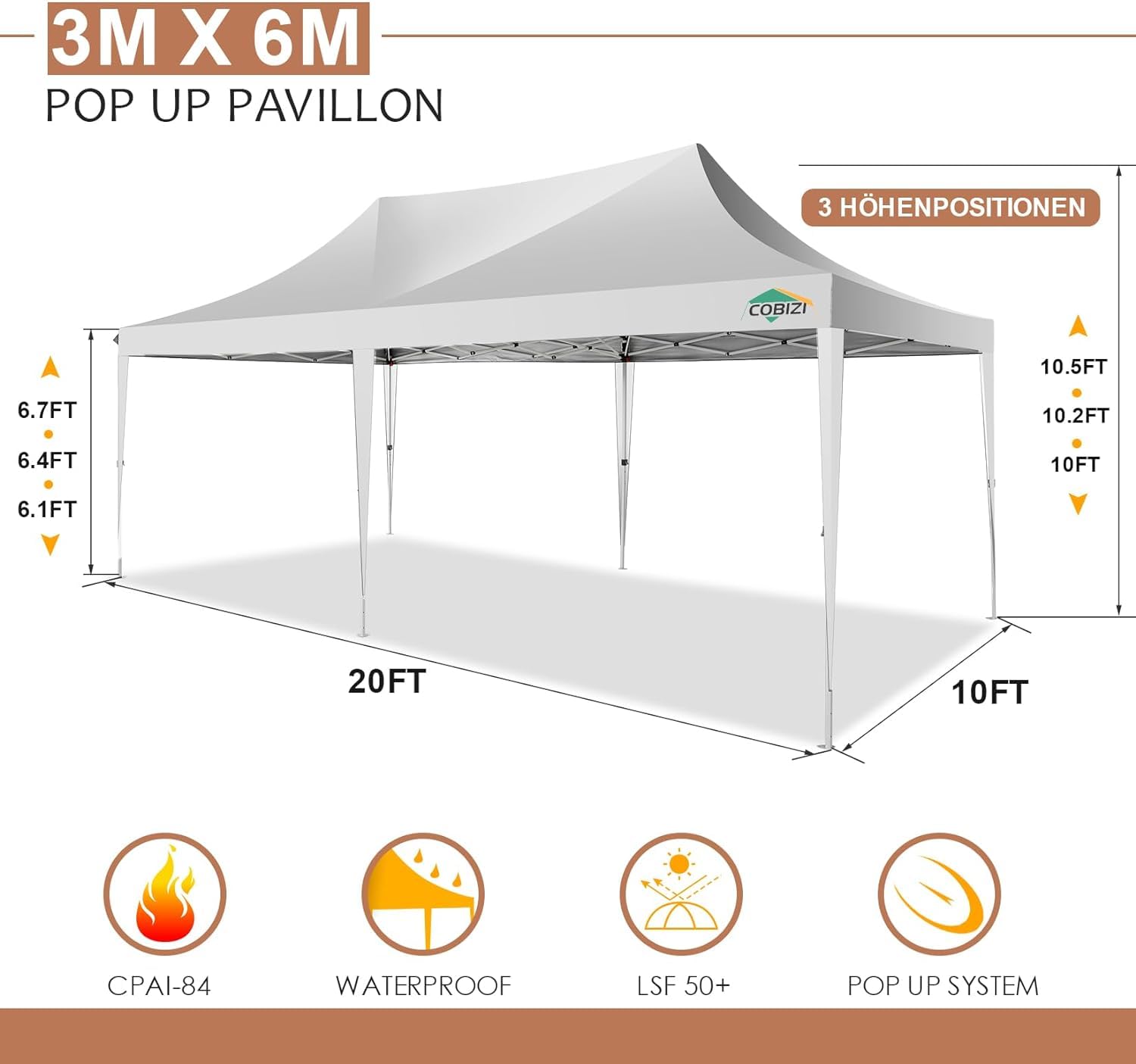 COBIZI Pavillon 3x6,Faltpavillon 3x6 Wasserdicht Stabil Winterfest, Sofort aufklappbare Vordächer Outdoor Gartenzelt mit 6 Seitenteilen, für Party Garten Festival, Weiß | Upgrade 210D Oxford-Gewebe (UPF50+), höhenverstellbar 300-320cm, für Garten/Partys/E