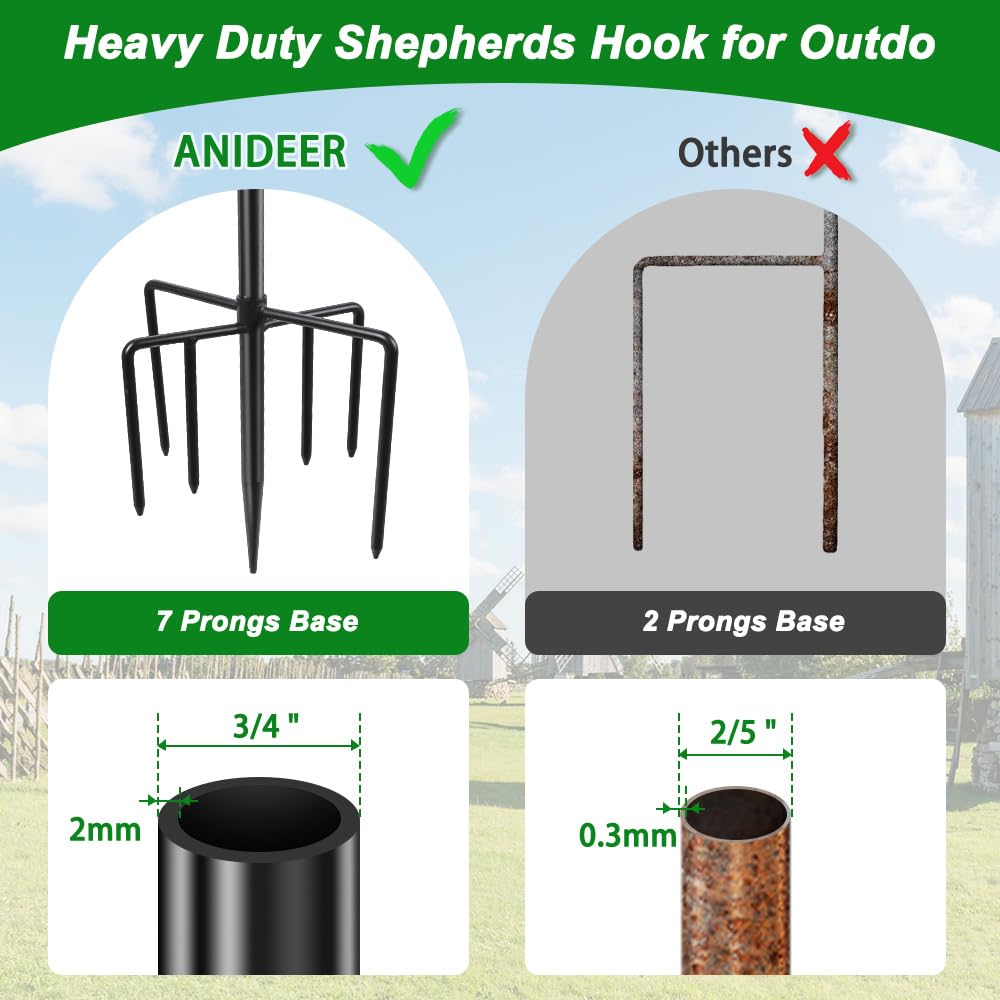 ANIDEER Ganchos de pastor de 84 pulgadas para exteriores, comedero de pájaros de jardín resistente, comedero colgante para pájaros, linternas de luz solar, gancho para colgar plantas al aire libre con