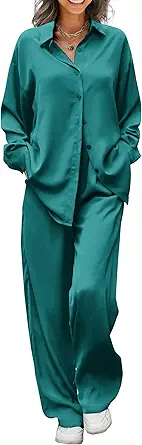Ekouaer Womens Satin Silky Pajama Set 2 Piece Print PJs Soft Loungewear Button Down Sleepwear with Elastic Waist Long Pants