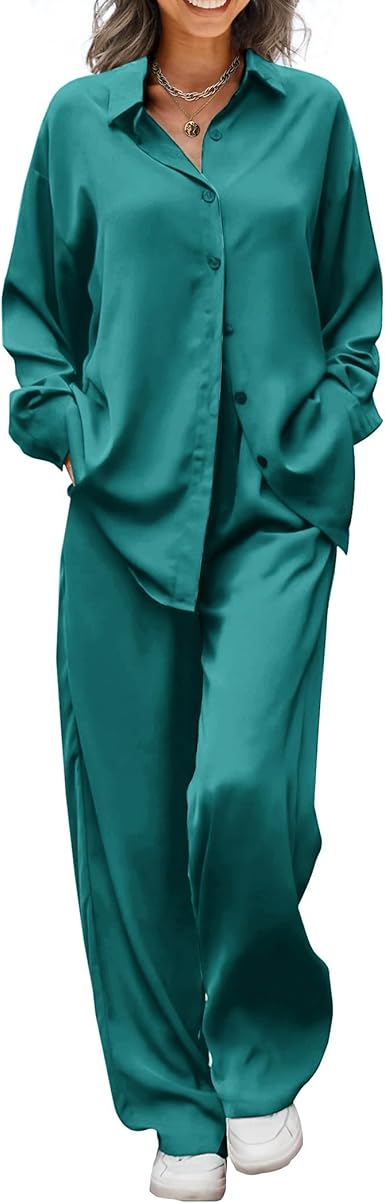 Ekouaer Womens Satin Silky Pajama Set 2 Piece Print PJs Soft Loungewear Button Down Sleepwear with Elastic Waist Long Pants