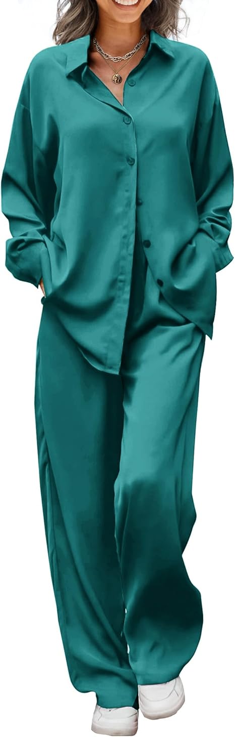 Ekouaer Womens Satin Silky Pajama Set 2 Piece Print PJs Soft Loungewear Button Down Sleepwear with Elastic Waist Long Pants