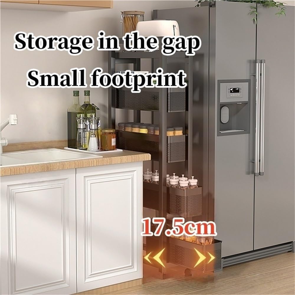 Pull-Out Gap Storage Rack with Wheels 3/4/5-Tier Carbon Steel Narrow Rolling Cabinet Organizer for Kitchen Bathroom Fridge Side Lightweight(Black,4 Tier)