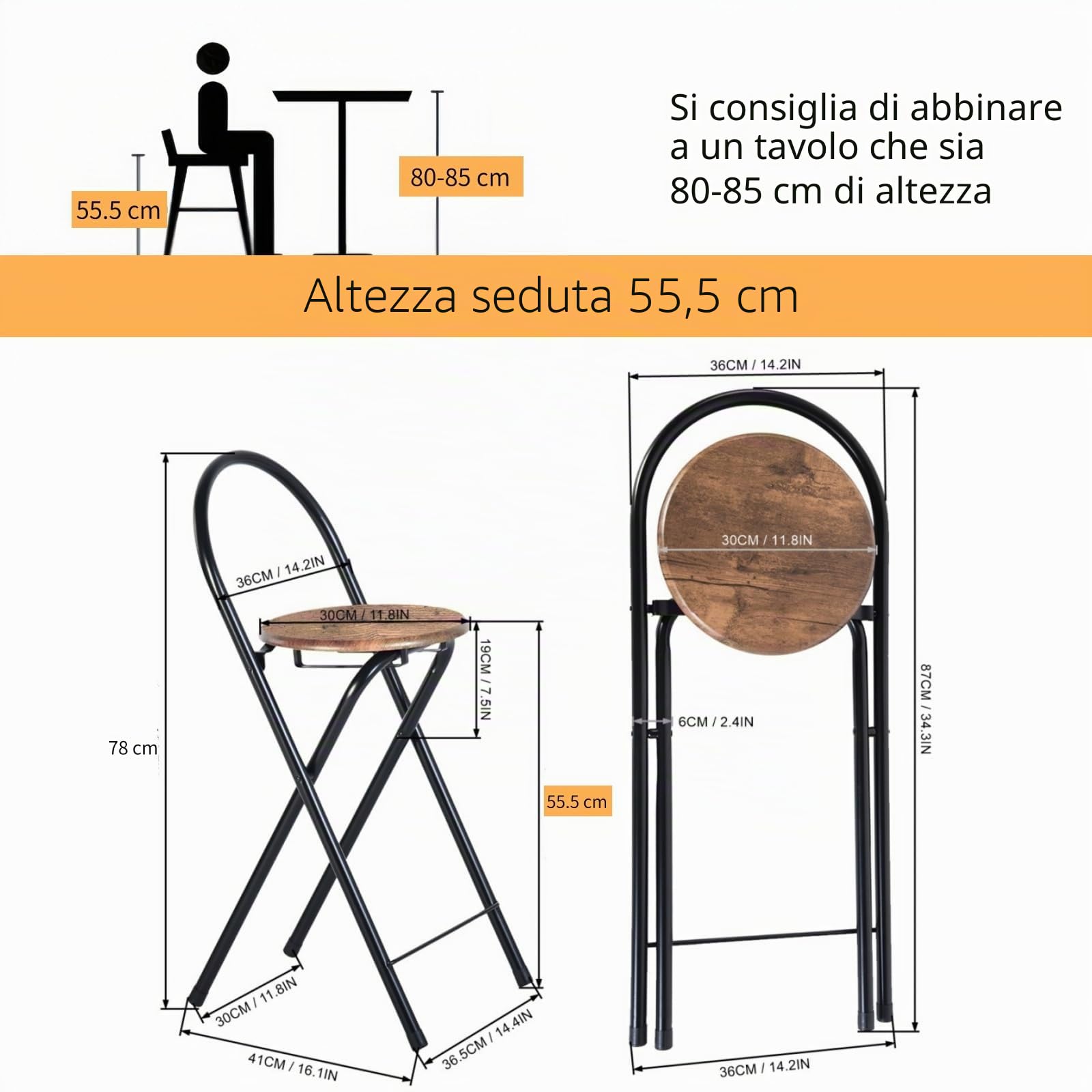 Set di 4 sgabelli da bar pieghevoli pieghevoli con schienale e sedia da bar, sgabello pieghevole, sgabello pieghevole, portatile, per bar, cucina, balcone, giardino, altezza seduta 55,5 cm,