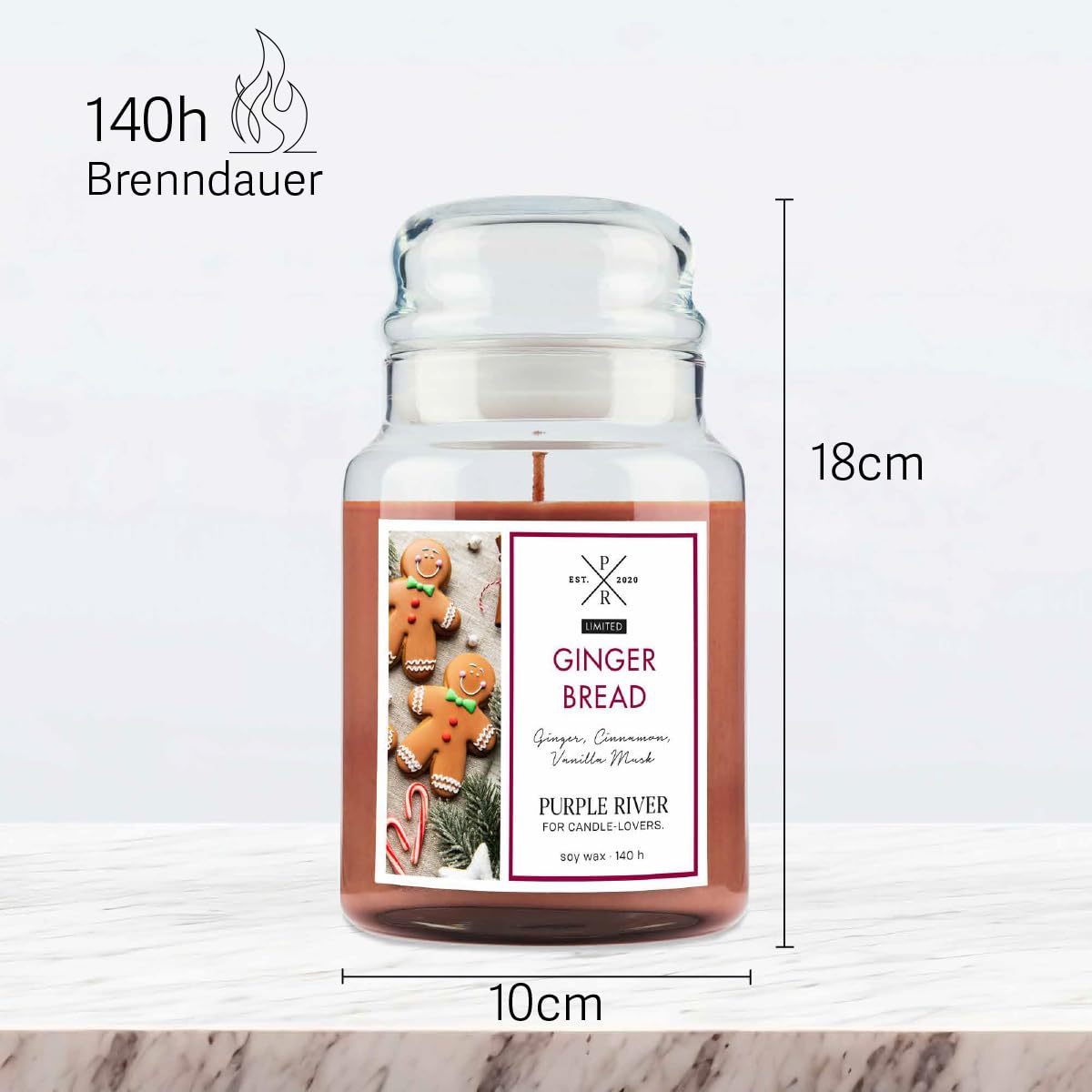 Purple River - Vela perfumada grande en tarro de cristal con tapa | Gingerbread | Vela perfumada de Navidad | Velas de larga duración | Vela de cera de soja | Ambientador para el hogar