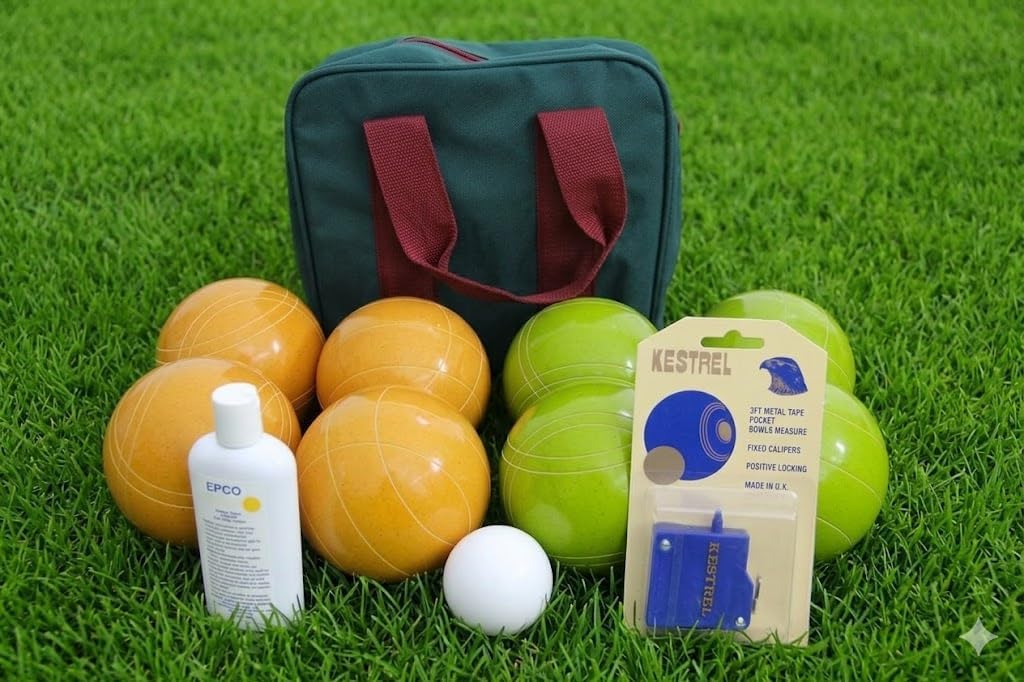 BuyBocceBalls Listing - Made in USA, Premium Quality Tournament Bocce Set - 110mm Rustic Green and Yellow Balls, Ball Polish, Kestrel Measuring Device and Green/Maroon Bag