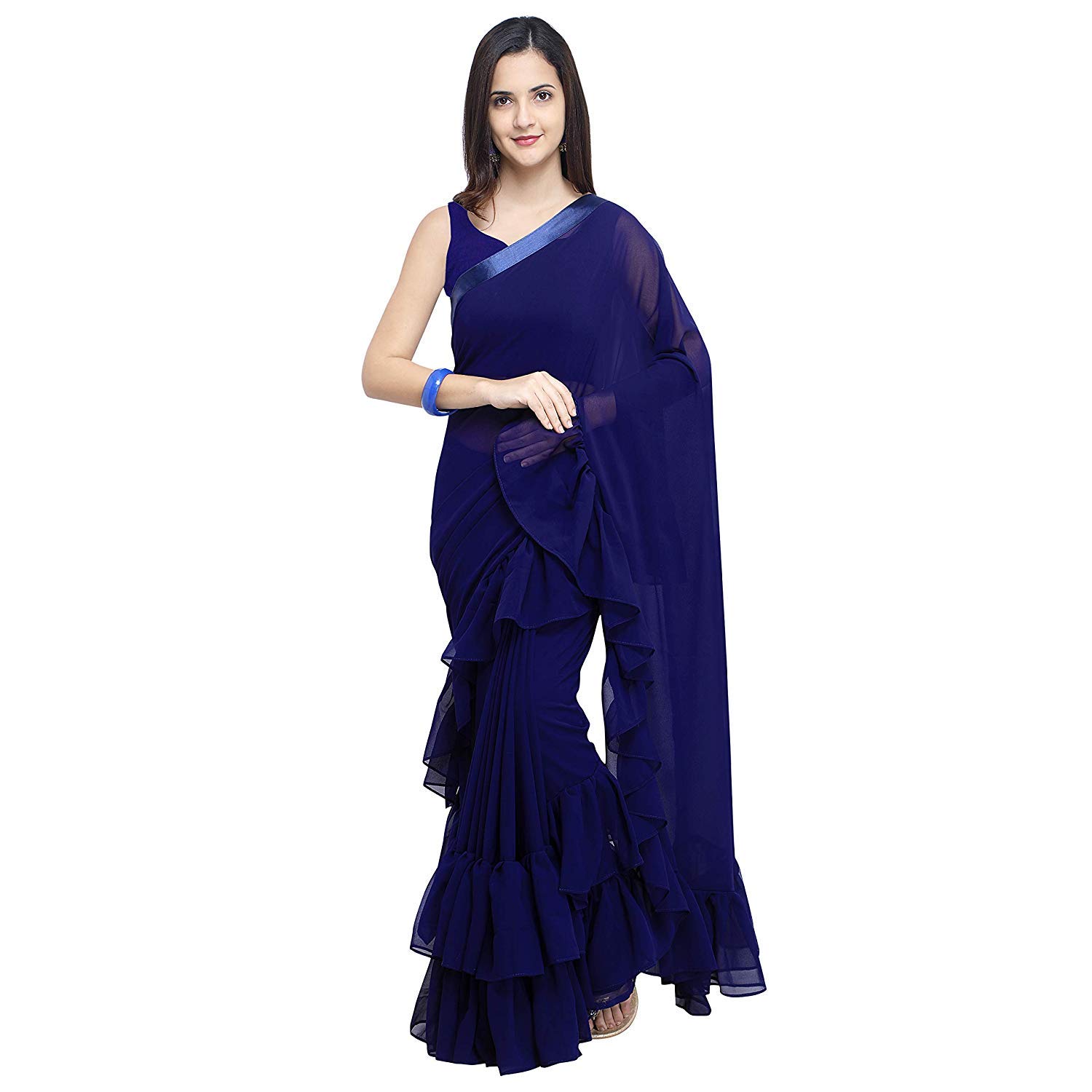 SugathariWomen's Georgette Dyed Ruffle Saree