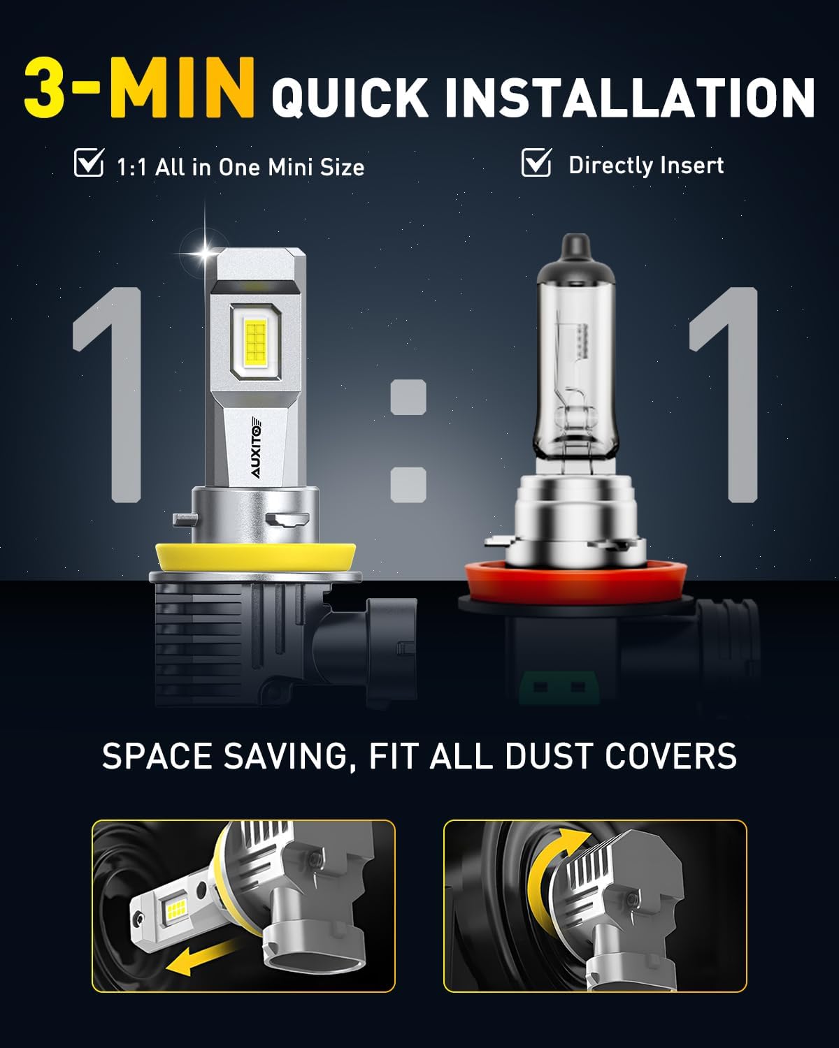 AUXITO H11 9005 LED Bulbs, 900% Brighter HB3 H8 H9 Light Bulbs, Plug N Play, Long Lifespan, No Flicker 99% Compatibility, 4PCS