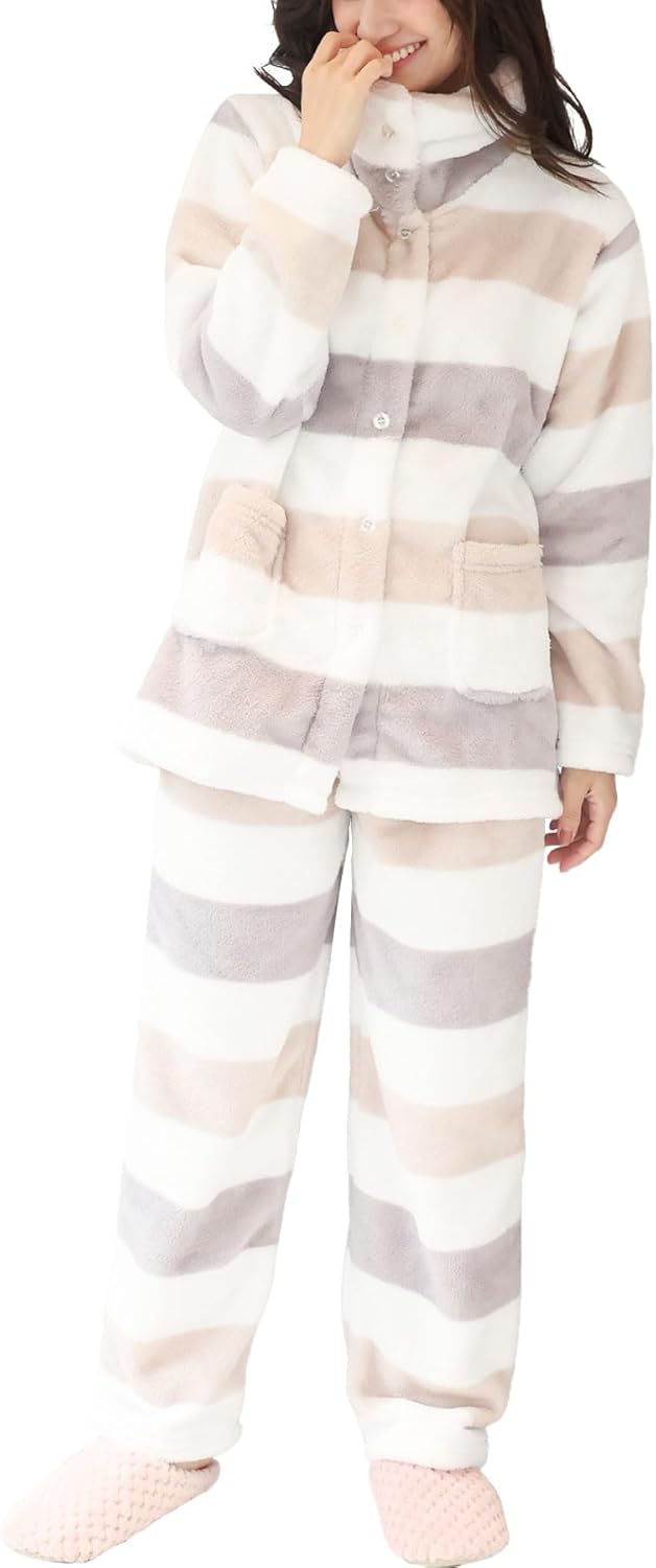 [ニシキ] パジャマ レディース 冬 もこもこ マイクロファー あったかい 長袖 前開き 2way襟 上下セット 長ズボン ルームウェア 部屋着