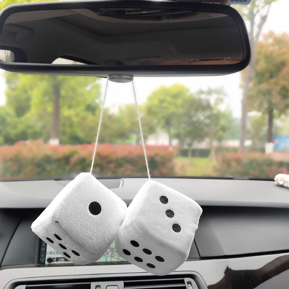 Coppia di dadi in peluche bianchi sfocati da 7,6 cm, classici vintage [nostalgici anni '80 Fuzzy Car Dadi per specchio] per specchietti interni automobilistici
