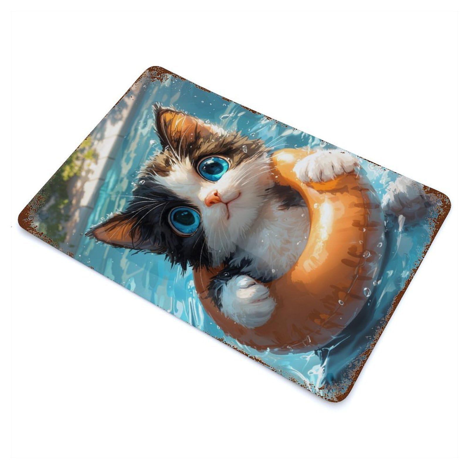 Decorative Tin Sign with Cute Kitten Swimming Design 11.8"x7.9", for Garage, Bar And Workshop Decor, Farmhouse Wall Decor