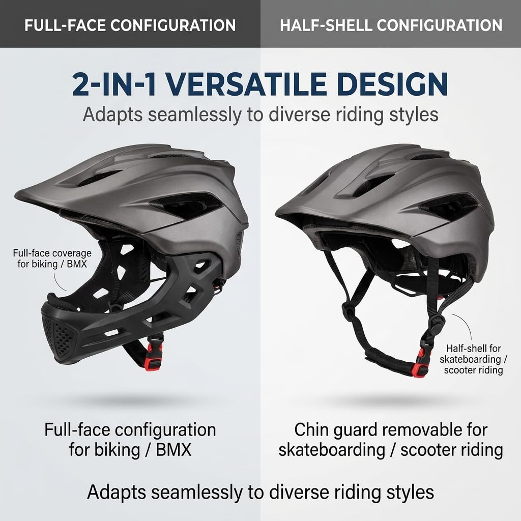 Chrees Casco de Bicicleta Integral para Niños, Casco de Bicicleta de Montaña, BMX, Protector de Barbilla Desmontable, de Integral 2 en 1 para Exteriores,