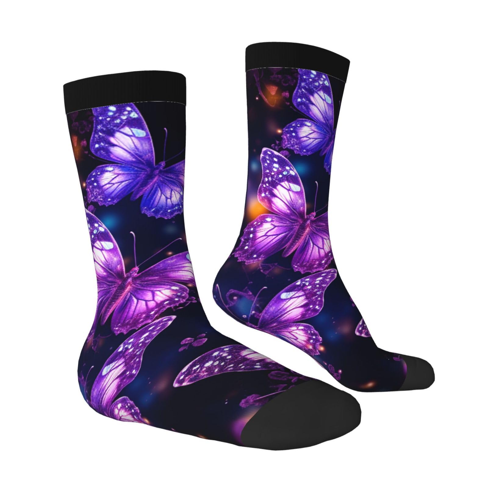 LZQPOEAS purple cute butterfly print Athletic Socks Unisex Cushioned Crew Socks Hiking Running Calf Sock Soft Above Ankle Sock