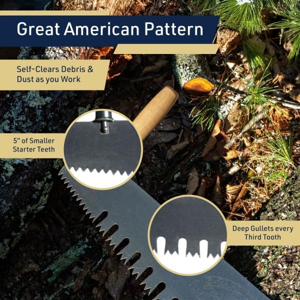 Hand Saw for Wood Cutting - 3’ One Man Crosscut Saw for Logging with Screw-on Auxiliary Handle, Great American Style Teeth, and Self-Clearing Gullets by Kings County Tools