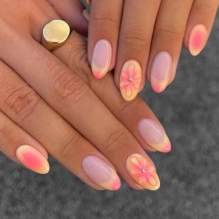 Flower Press on Nails Short Almond Yellow Fake Nails with Designs French Tip Nail Tips Summer False Nails Cute Oval Acrylic Artificial Glossy Full Cover Glue Stick on Nails for Women Girls 24PCS