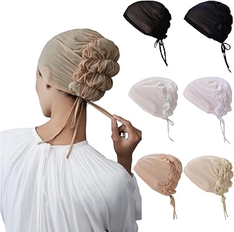 6 Pieces Breathable Mesh Elastic Inner Cap for Muslim Undercap Hijab with Ties Back Islamic Under Scarf Jersey Bonnet Headwrap