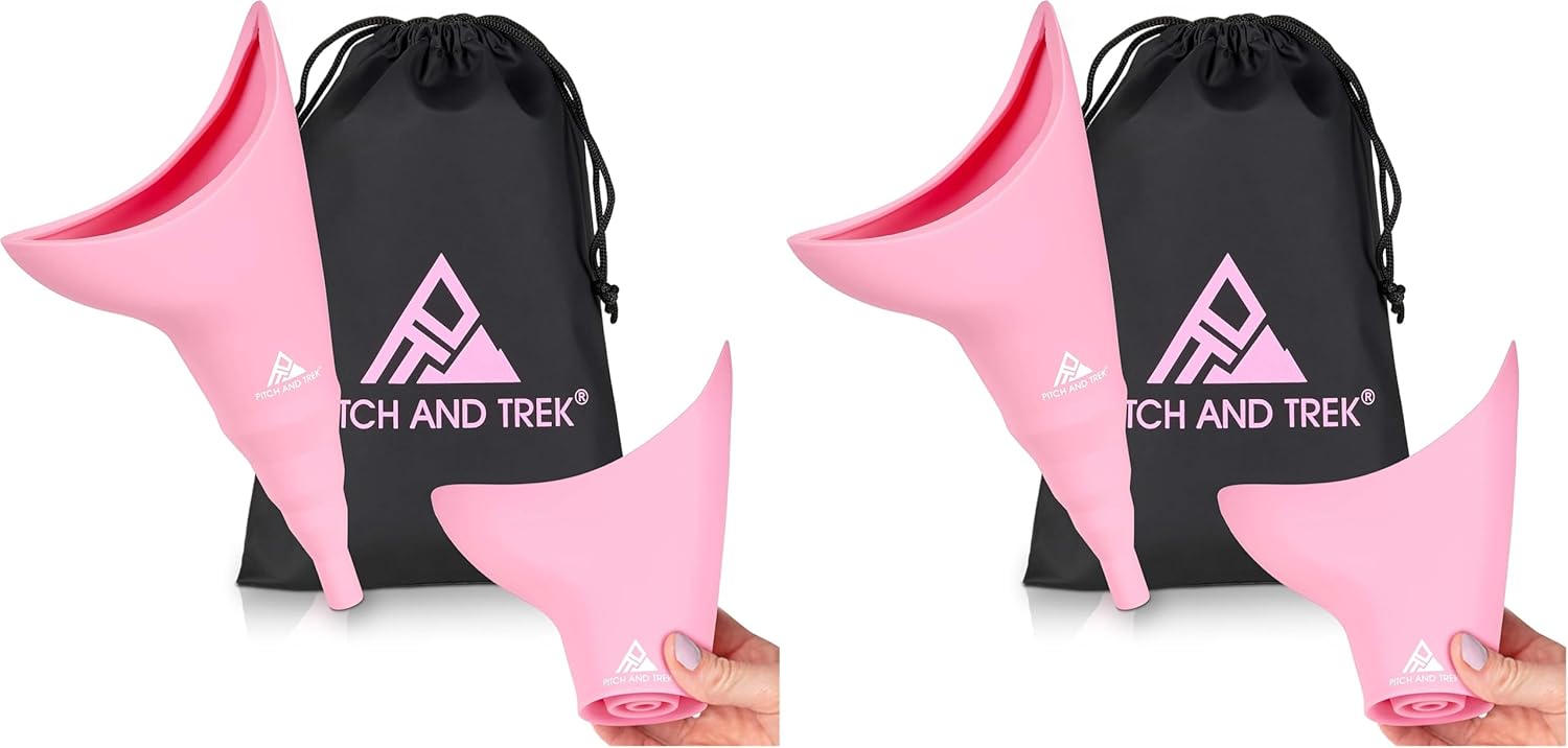 Female Urination Device, Silicone Standing Pee Funnel w/Discreet Carry Bag, for Travel, Road Trip, Festival, Camping & Hiking Gear Essentials for Women, Pink (Pack of 2)