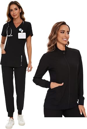 COZYFIT Scrubs for Women Set and Jackets - Stretch V-Neck Scrub Top & Jogger Pant, Zip Front Nurse Jacket, Black, S