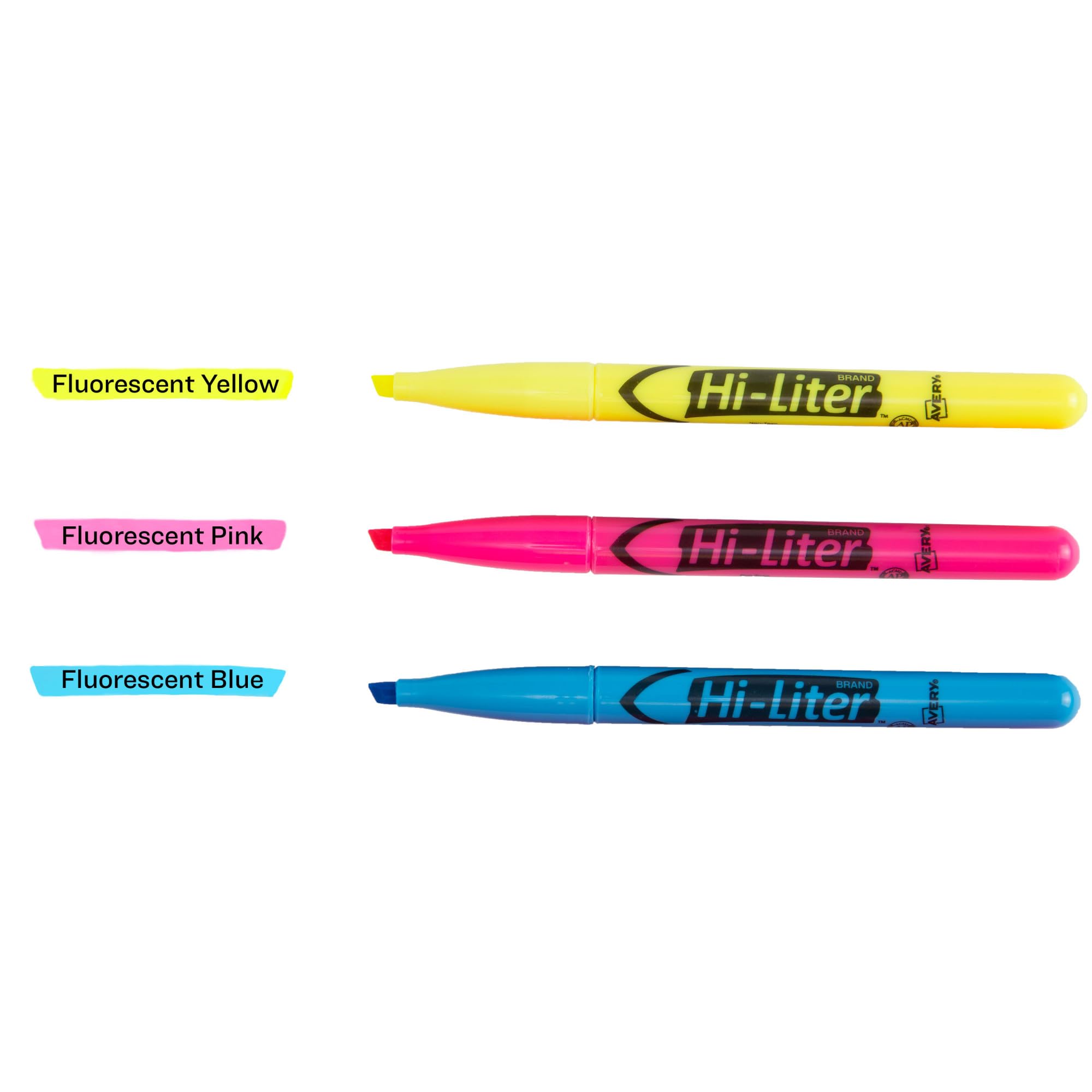 AVERY Highlighters estilo pluma Hi-Liter, tinta segura contra manchas, punta de cincel, 3 colores surtidos (25860)