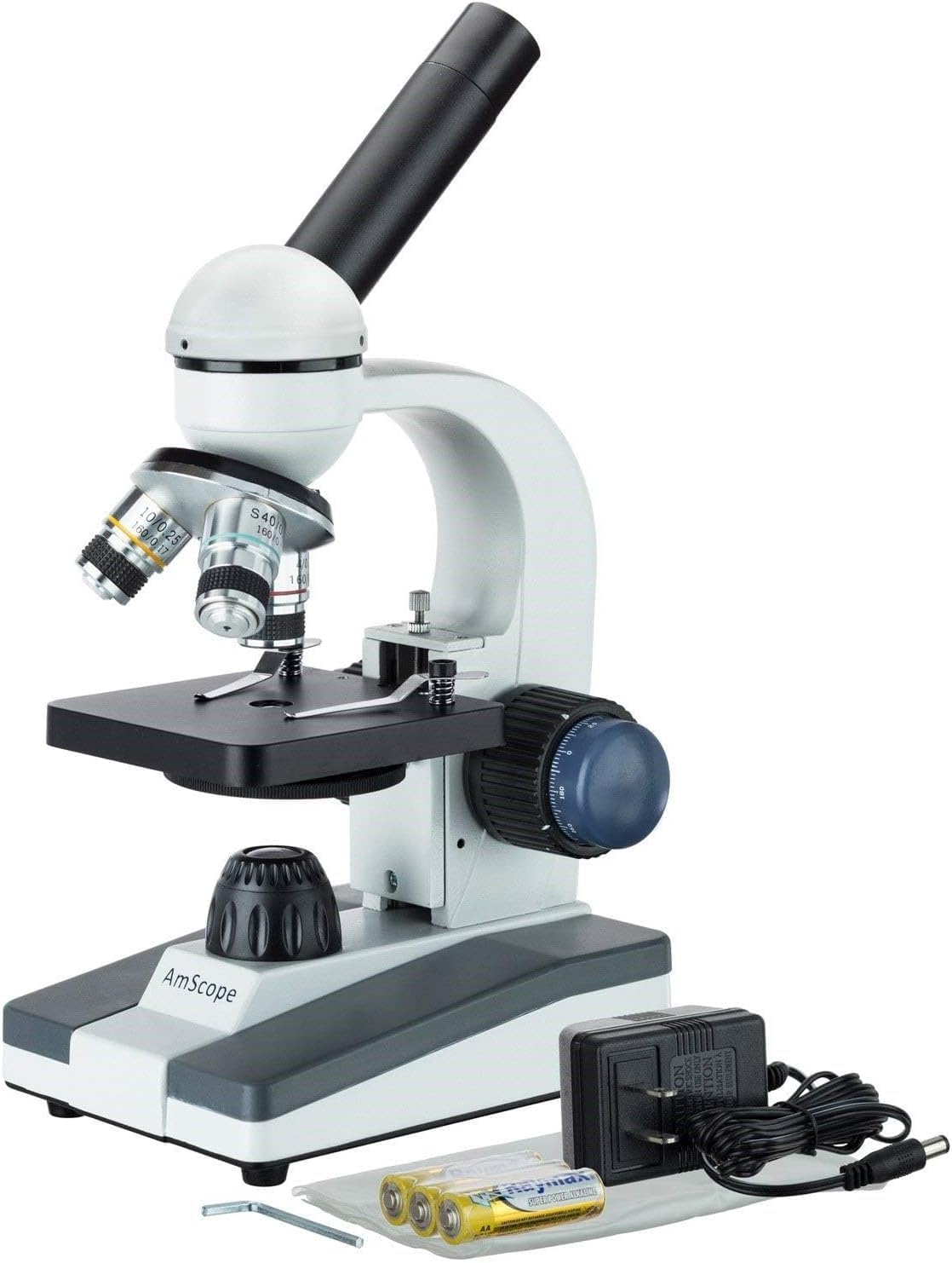 AmScope M150 Compound Monocular Microscope, WF10x Eyepiece, 40x-400x Magnification, LED Illumination, Brightfield, Single-Lens Condenser, Coarse and Fine Focus, Plain Stage, 110V