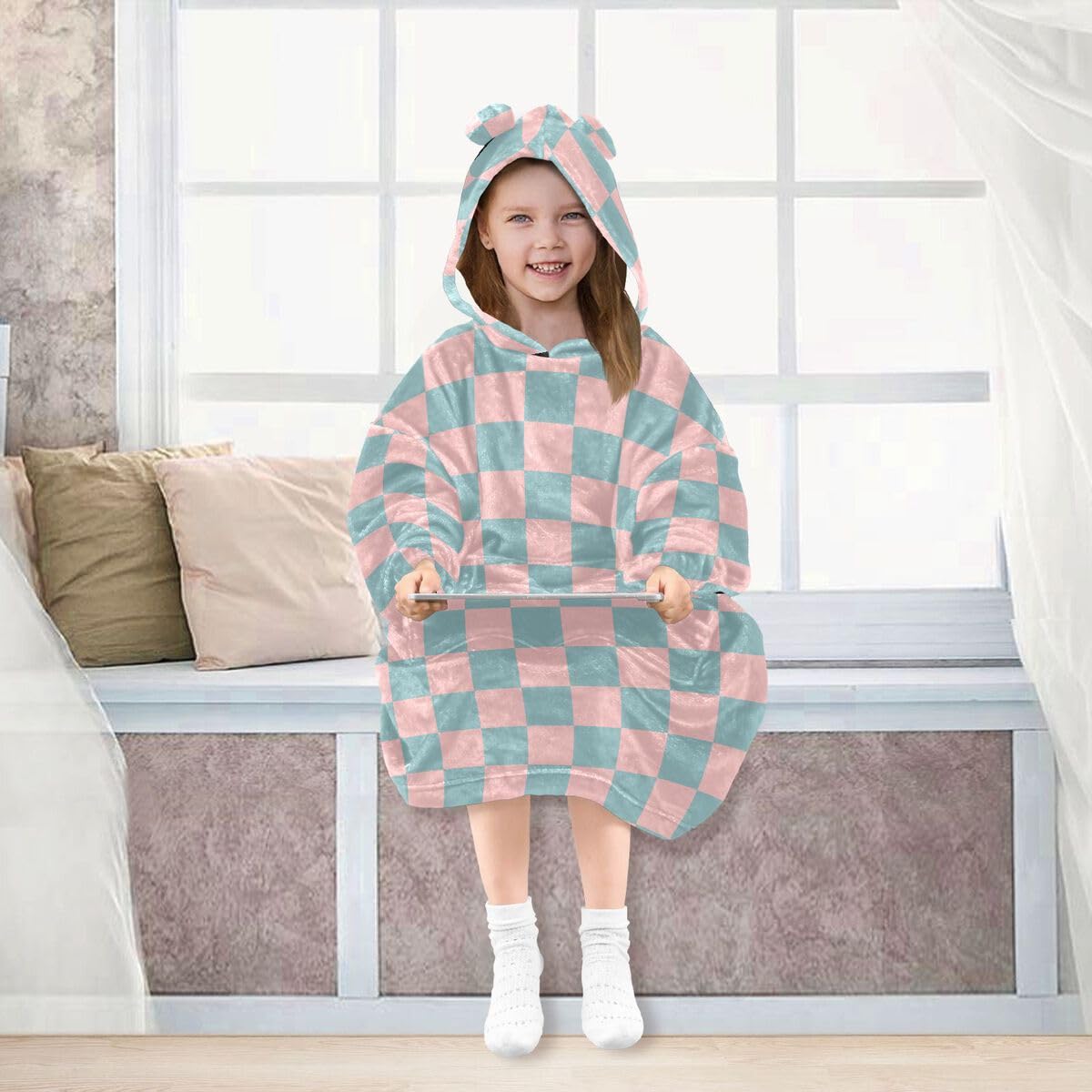Dziecięcy koc w kratkę retro bluza z kapturem oversize bluza koc sweter niebieski różowy dla chłopców i dziewcząt w wieku 3-14 lat