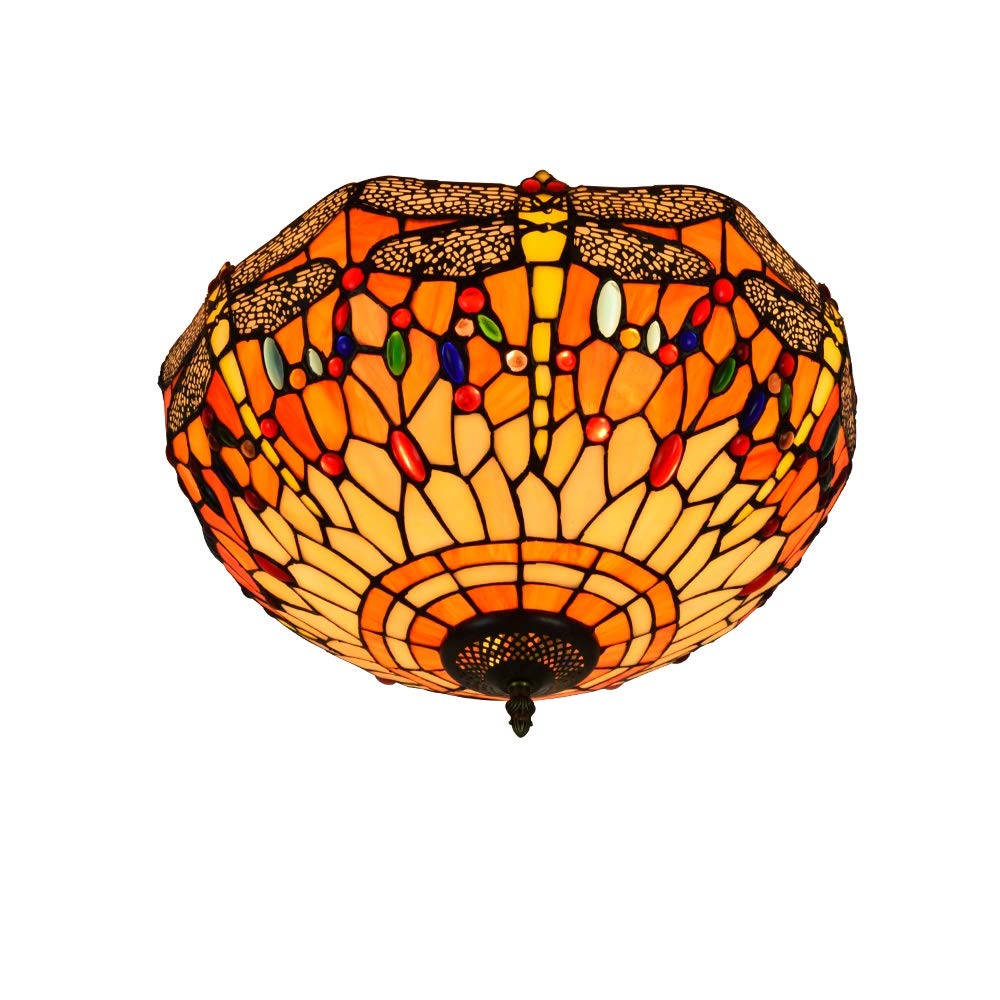 HPTHLY Stained Glass Ceiling Lighting 40Cm Tiffany Style Stained Galss Ceiling Lamp Dragonfly Orange Glass Fixture Indoor Ceiling Lamps And Lanterns For Bed Aisle Balc