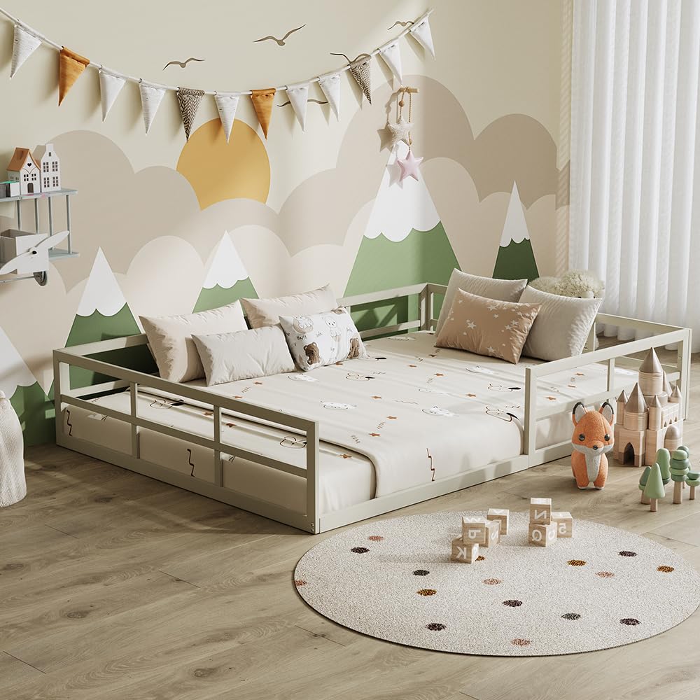 VitaliSpa Bodenbett Minno 140x200, Kinderbett aus Metall, Montessori Bett mit Rausfallschutz, niedrige Einstiegshöhe, Greige
