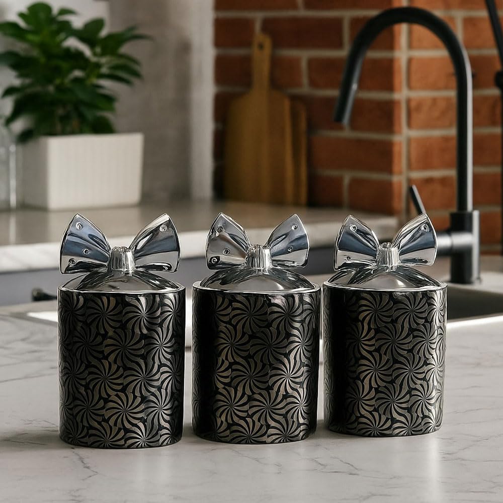 Bmlimited Black Bml Ceramic Tea Coffee Sugar Canister Set Swirl Design With Silver Bow Lids Decorative Jars For Modern Kitchen Countertop (Black)