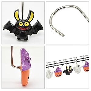 Shower Curtain Hooks, Halloween Decorative Shower Curtain Rings, 12PCS Rust Resistant Metal Shower Hooks for Bathroom, Glide Shower Rings for Shower Curtain and Liner (Halloween)